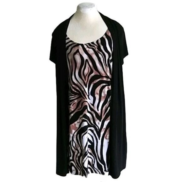 En Focus Short Sleeve Animal Print Dress Attached Black Cardigan Size 14W - Picture 2 of 8